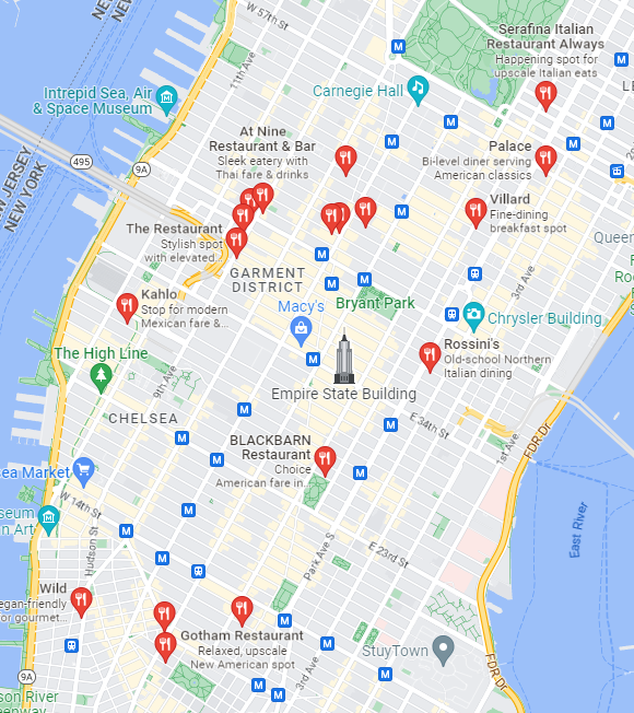 google maps location of New York City with restaurants tagged